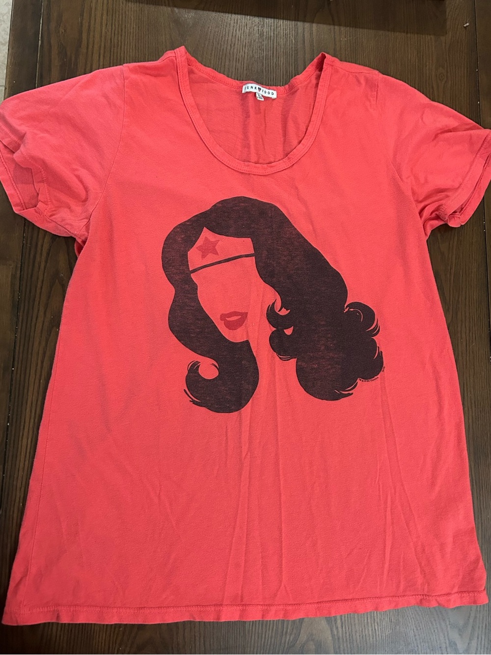Rare Junk Food Red Orange Short-Sleeve Tee with Black Wonder Woman Graphic
